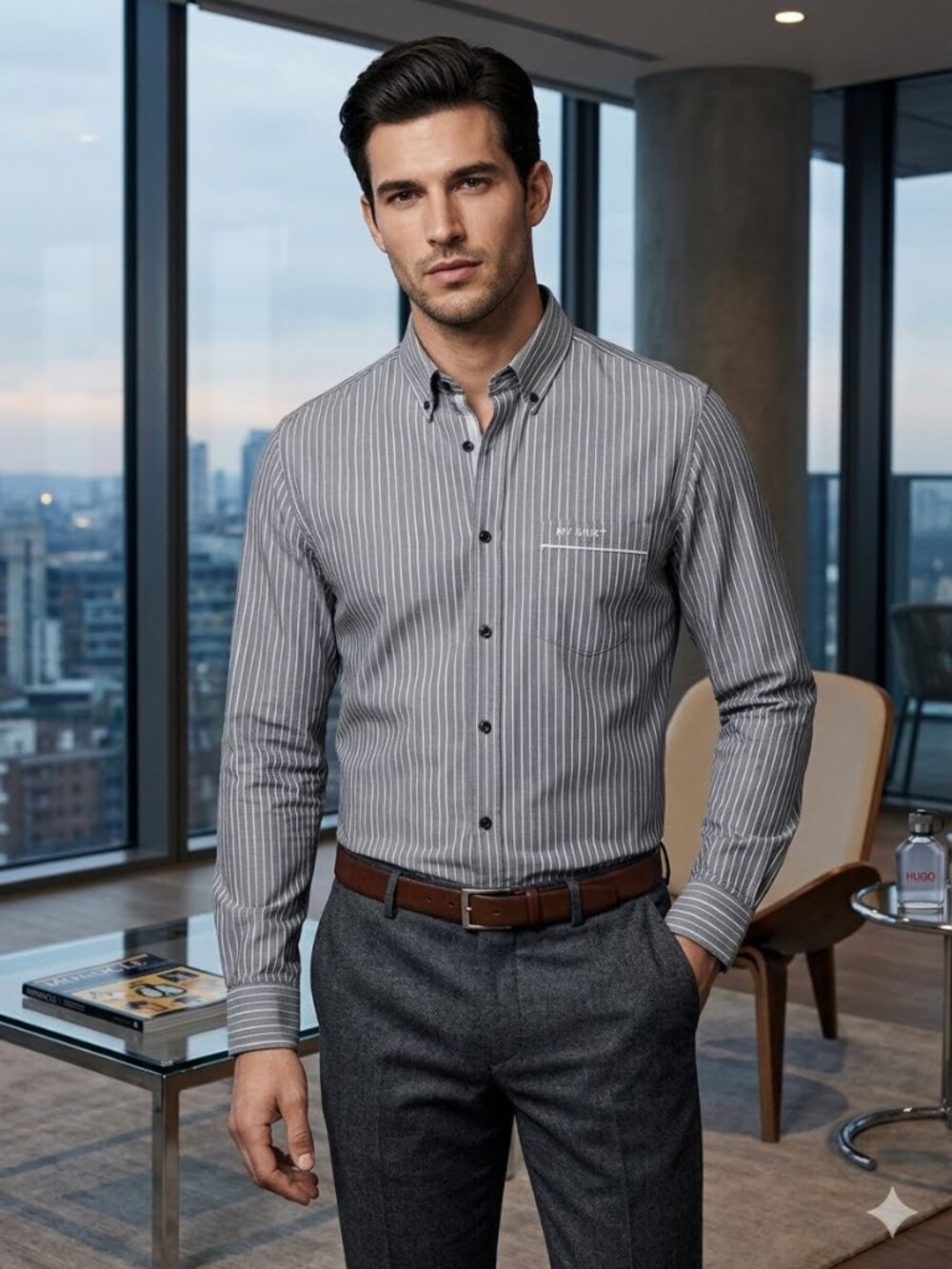 Hugo Boss Men's  XL Grey Striped Long Sleeve Chest Pocket Button Down My Shirt